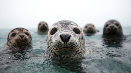 Fototapeta premium Harbor Seals in Ocean Water, wildlife encounter, calm ocean background, Nature's beauty, stock photo for educational or conservation projects