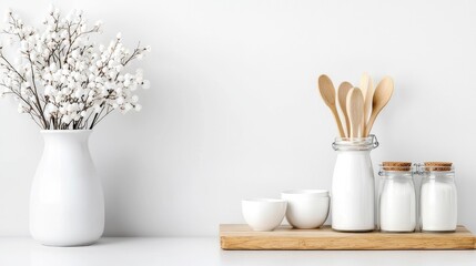 White kitchen decor; wooden spoons, jars, vase. Lifestyle blog