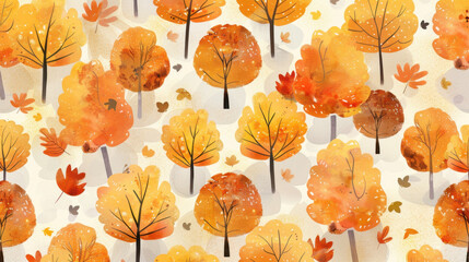 Obraz premium Vibrant autumn trees with orange and yellow leaves create cheerful pattern, showcasing beauty of fall foliage and nature seasonal transformation