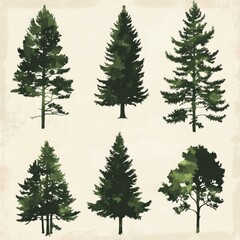 Fototapeta premium Evergreen tree silhouettes, nature collection, design elements, beige background