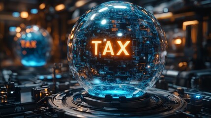 Futuristic tax concept with illuminated orbs showcasing tax data in a digital environment.