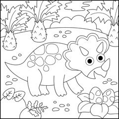 Vector square black and white scene with triceratops. Dinosaur line landscape illustration. Cute prehistoric coloring page with forest, palm tree, nest, egg. Funny dino scenery for kids