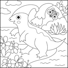 Vector square black and white scene with parasaurolophus. Dinosaur line landscape illustration. Cute prehistoric coloring page with waterfall, river, flower, tree. Funny dino scenery for kids