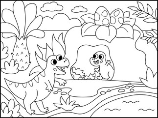 Vector black and white scene with Tyrannosaurus Rex going to cave. Dinosaur line landscape illustration. Cute prehistoric coloring page with T-rex and baby. Funny mother, child dino scenery for kids