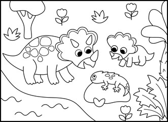 Vector horizontal black and white scene with triceratops and his baby looking at lizard. Dinosaur line landscape illustration. Cute mom and baby prehistoric coloring page with forest, trees, river