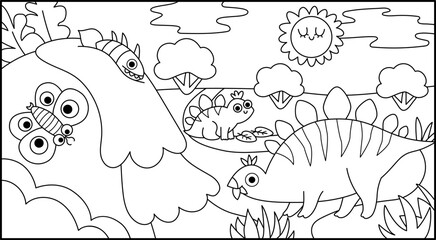 Vector horizontal black and white scene with stegosaur and his baby eating leaves. Dinosaur line landscape illustration. Cute prehistoric mom and baby coloring page with waterfall