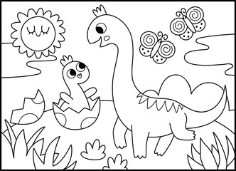 Vector horizontal black and white scene with brachiosaur and baby hatching from egg. Dinosaur line landscape illustration. Cute prehistoric mom and baby coloring page. Funny dino scenery