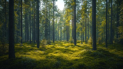 Obraz premium Sunlit pine forest path, moss carpet, tranquil nature scene, background ideal for relaxation