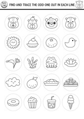 Find the odd one out. Capybara black and white logical activity for kids. Capibara educational line quiz worksheet. Printable game, coloring page with cute animals, flowers, fruits, insects, tangerine