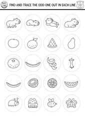 Obraz premium Find the odd one out. Capybara black and white logical activity for kids. Capibara educational line quiz worksheet. Printable game, coloring page with cute animals, flowers, fruits, insects, tangerine