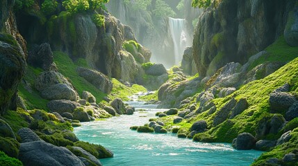 A tranquil river winding through a verdant valley, with rocks and moss creating a peaceful natural setting