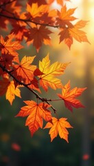 Fototapeta premium Vibrant autumn leaves sway gently on branches, sunlight filtering through , park, photography, autumnal park