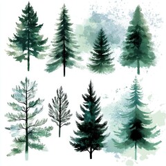 Fototapeta premium Watercolor Evergreen Trees Forest Nature Design Print (1)