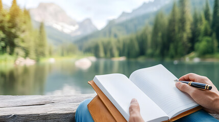 Close-up of hands holding pen and open journal on wooden dock with mountain reflections. Ideal for travel writing, personal growth, and relaxation content. Selective focus