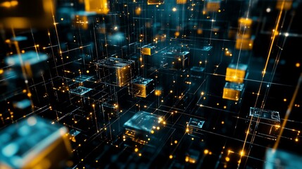 Abstract Technology Network with Glowing Cubes and Lines on Black Background