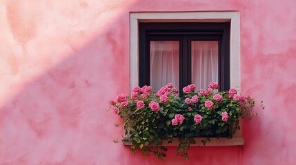 Charming window adorned with hanging ivy and pink flowers set against soft pink wall, featuring black awning and window box with cascading greenery, bathed in warm sunlight with European flair.