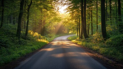 Fototapeta premium Sunlit road curves through lush green forest