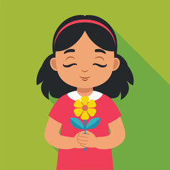 Happy cute little kid girl holding flower with good smell, Flat Vector Illustration.