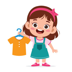 Happy Cute Girl Picking Clothes - Vector Art