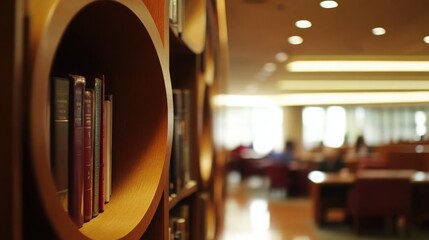 Round bookshelf in a library, warm light, blurred reading tables and people in background, cinematic wide-angle view.