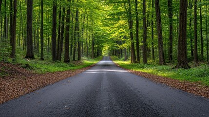 Obraz premium Sunlit road through lush green forest. Peaceful nature scene ideal for travel brochures