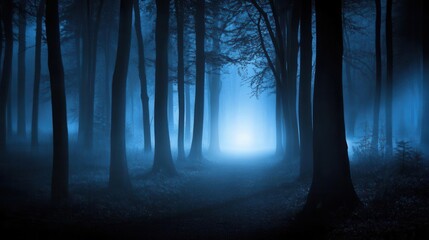 Fototapeta premium Forest background image showing a dark forest with tall trees and fog, illuminated by the soft glow of moonlight
