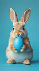 Fototapeta premium Easter bunny rabbit holding a blue painted egg on a blue background