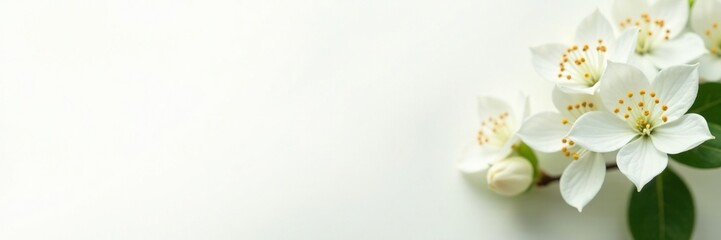 Delicate white jasmine flowers on a pure white background, soft petals, garden