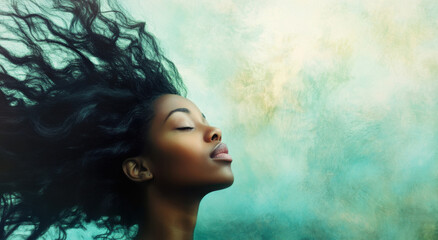 An African American woman enjoys a moment of tranquility with her eyes closed, surrounded by a dreamy, colorful background and flowing hair