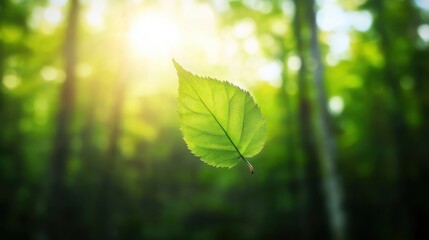 Fototapeta premium A single leaf drifts in a tranquil forest bathed in soft sunlight, embodying peace and natural harmony.