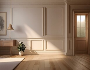 a well lit room in a clean house with light furniture and an open door on the back wall