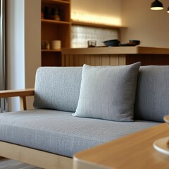 Modern living room with cozy gray couch and stylish decor in bright, minimalist space featuring wooden elements. Generative AI