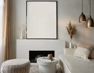 Fototapeta premium Mockup poster frame on the wall of living room. Luxurious apartment background with contemporary design. Modern interior design. 3D render, 3D illustration. See Less