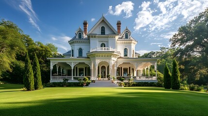 Fototapeta premium Majestic white Victorian mansion features Gothic Revival architecture with ornate details, turrets, on a lush green hilltop, Italian cypress trees and a wraparound porch under bright blue sky.