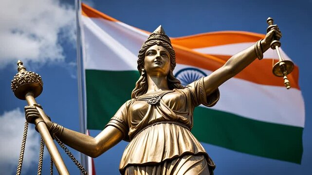 Statue of the goddess of justice with the flag of India.