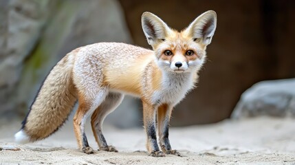 Obraz premium Red fox standing in zoo enclosure, rocky background, wildlife photography, for nature documentaries