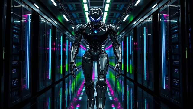 Modern tunnel with neon lights and robot - Powered by Adobe