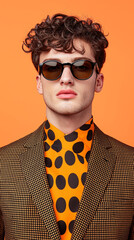 Fototapeta premium Stylish man wearing sunglasses and patterned shirt against orange background