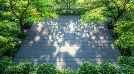 Sunlit Square Park, Lush Greenery, Overhead View, Peaceful Setting, Website Banner