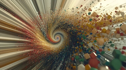 Abstract swirling vortex of colorful cubes and lines.  Perfect for tech, data, or energy concepts evokes speed, innovation, and connectivity. Ideal for websites, presentations, and digital art.