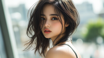 Fototapeta premium 美女, 女性, 美しい, 顔, モデル, 日本, 韓国, 中国, アジア, カフェ, ファッション