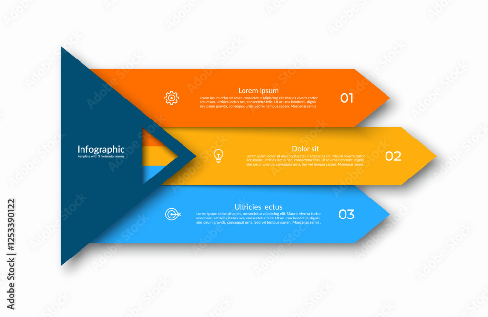 Wall mural three-step infographic with horizontal arrow-shaped sections that numbered and contains a place for 