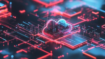 Digital cloud network illustration with glowing red lines and blue circuits of data transmission