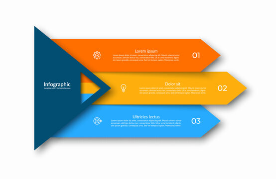 Three-step infographic with horizontal arrow-shaped sections that numbered and contains a place for text block and icon to represent different steps, options or stages. Vector illustration.