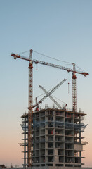 Cranes Over Concrete: Urban Building Under Construction, Rising High Against the Sky