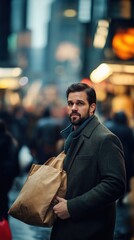 Fototapeta premium Urban adventure a man embracing loveconnected moments in a bustling city street