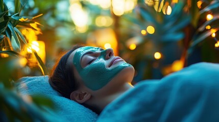 Obraz premium Woman enjoying a facial mask in a serene spa setting, embodying relaxation and luxury.