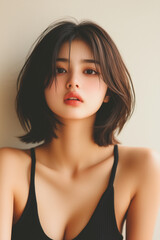 Fototapeta premium 美女, 女性, 美しい, 顔, モデル, 日本, 韓国, 中国, アジア, カフェ, ファッション