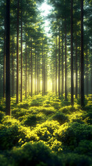 Obraz premium Sunlight Path Through Lush Green Forest