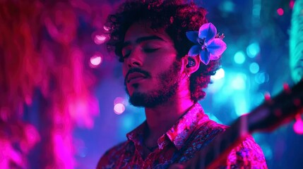Man playing guitar in vibrant nightclub, enjoying music and atmosphere, suitable for music, entertainment or lifestyle publications